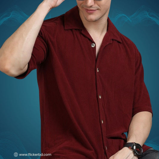 Cuban Collar Corduroy Half Sleeve Shirt |H-204