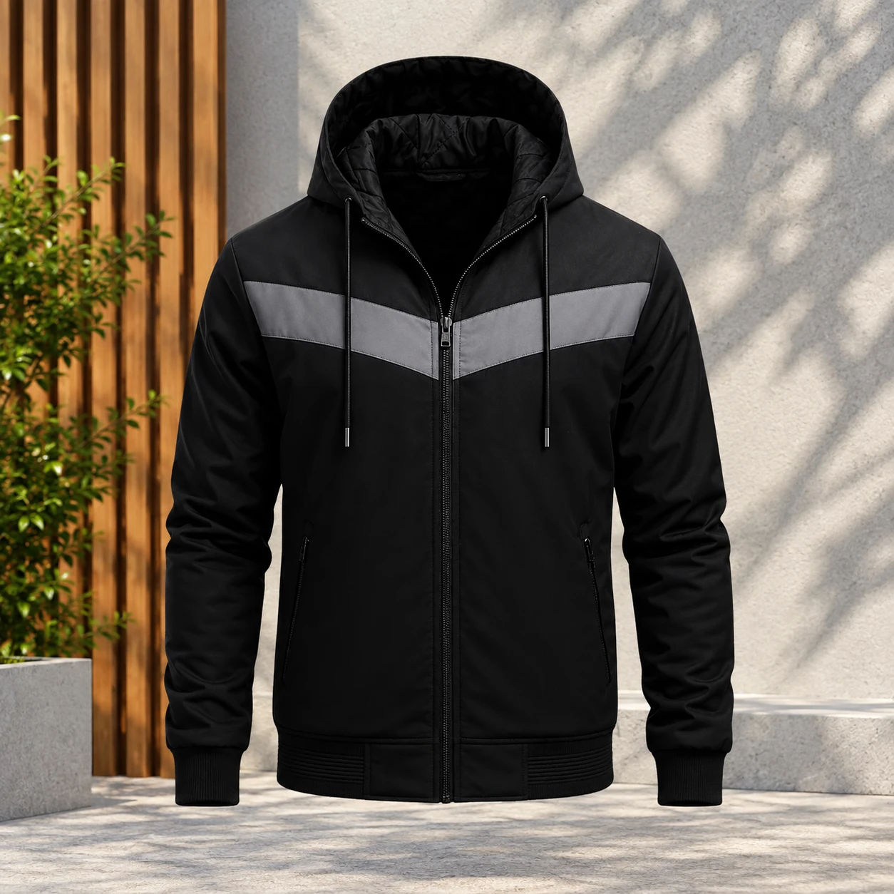 Contrast Chevron Hooded Zip-Up Jacket - HD-510