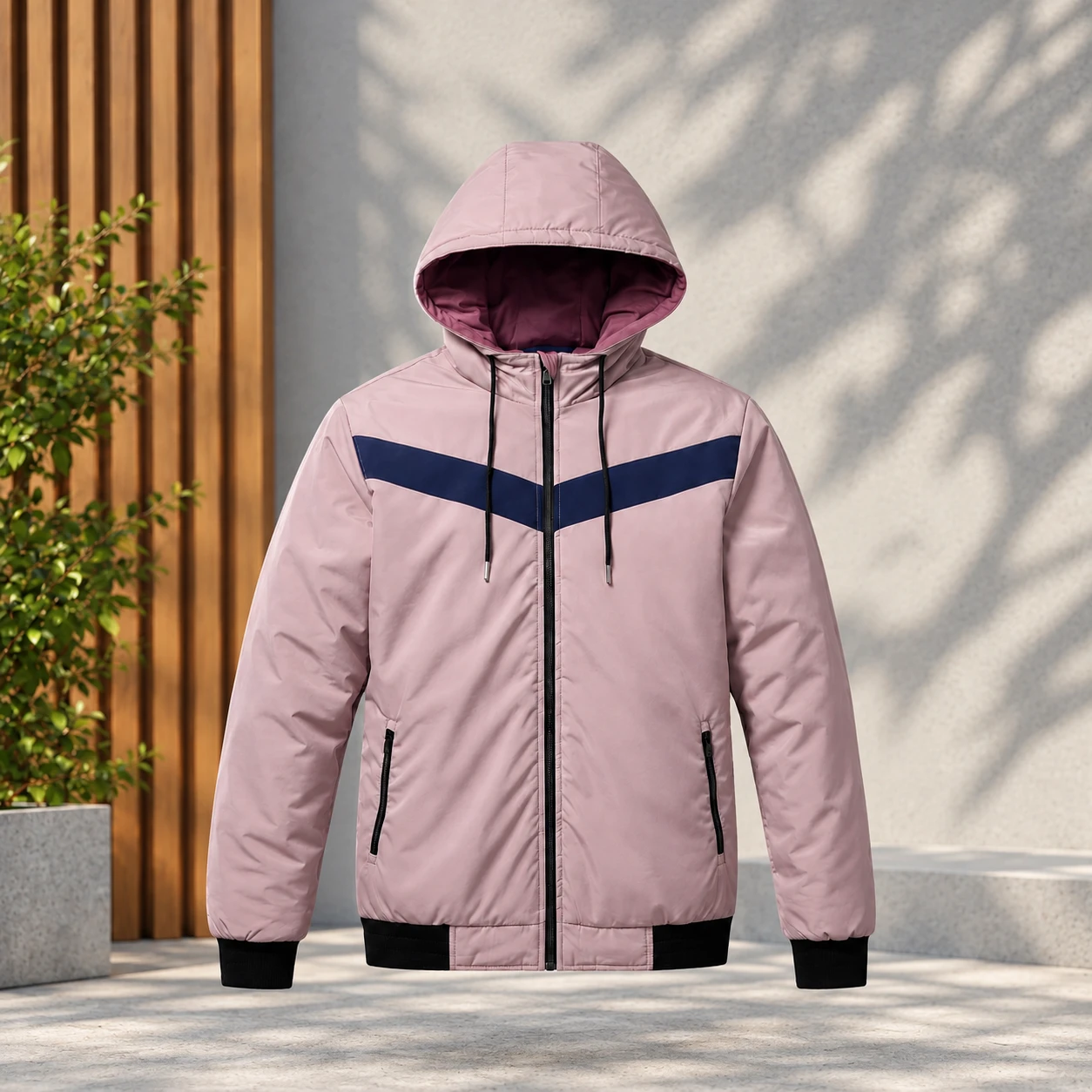 Contrast Chevron Hooded Zip-Up Jacket -HD-570