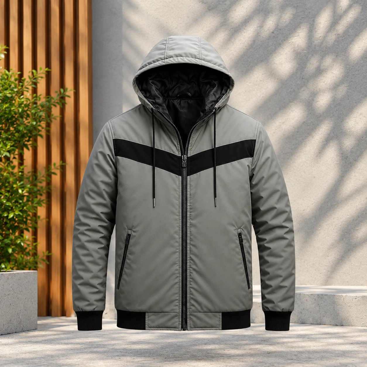 Contrast Chevron Hooded Zip-Up Jacket -HD-540