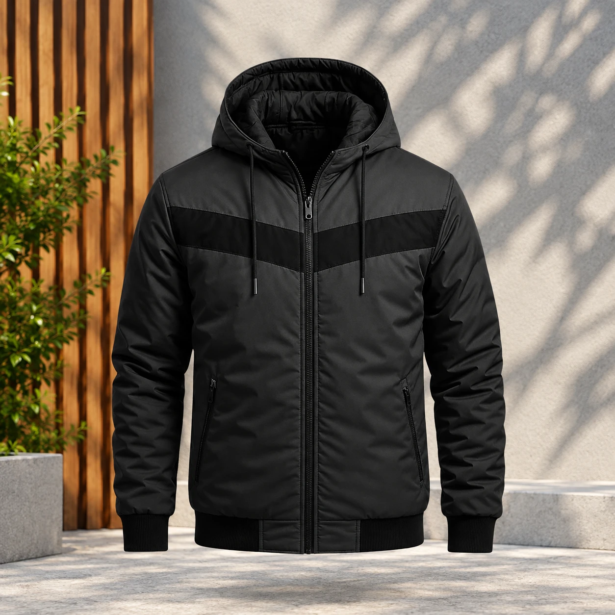 Contrast Chevron Hooded Zip-Up Jacket -HD-580