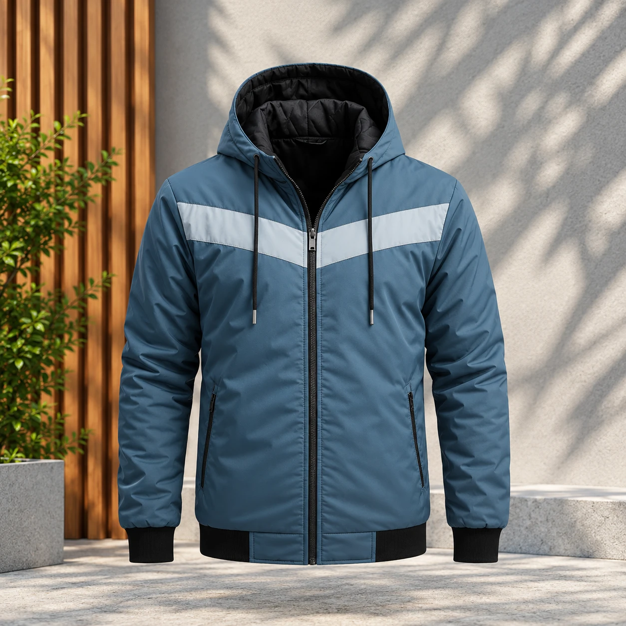 Contrast Chevron Hooded Zip-Up Jacket - HD-590