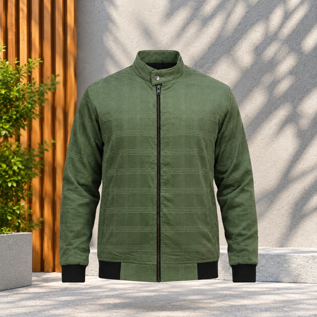 Olive Green Fine Check Bomber Jacket