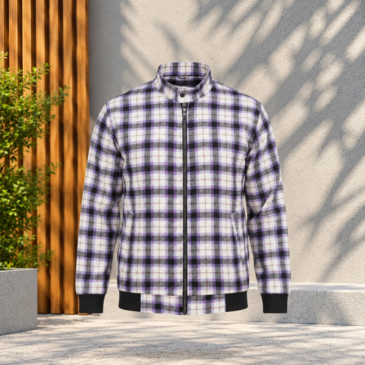 Bold Purple Plaid Stand Collar Jacket