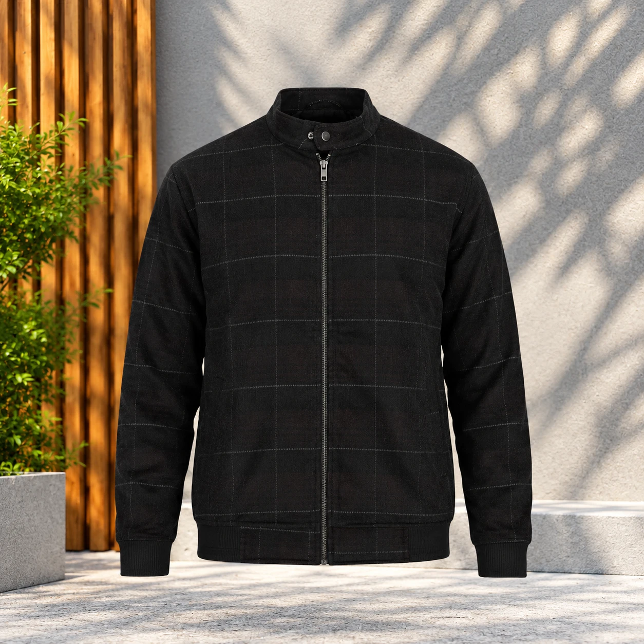 Subtle Charcoal Check Zip-Up Jacket