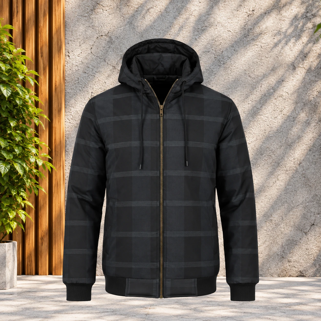 (HD-200) Black Checkered Hooded Zip-Up Jacket