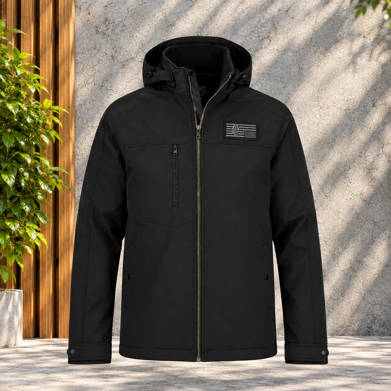 (HD-225) - Black Softshell Hooded Zip Jacket