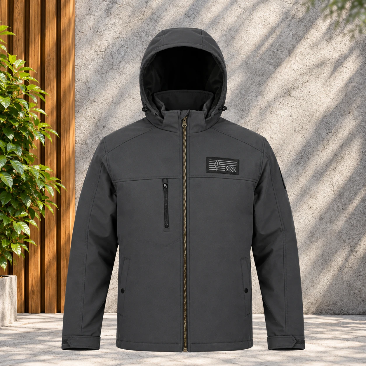 (HD-230) Charcoal Grey Softshell Hooded Zip Jacket