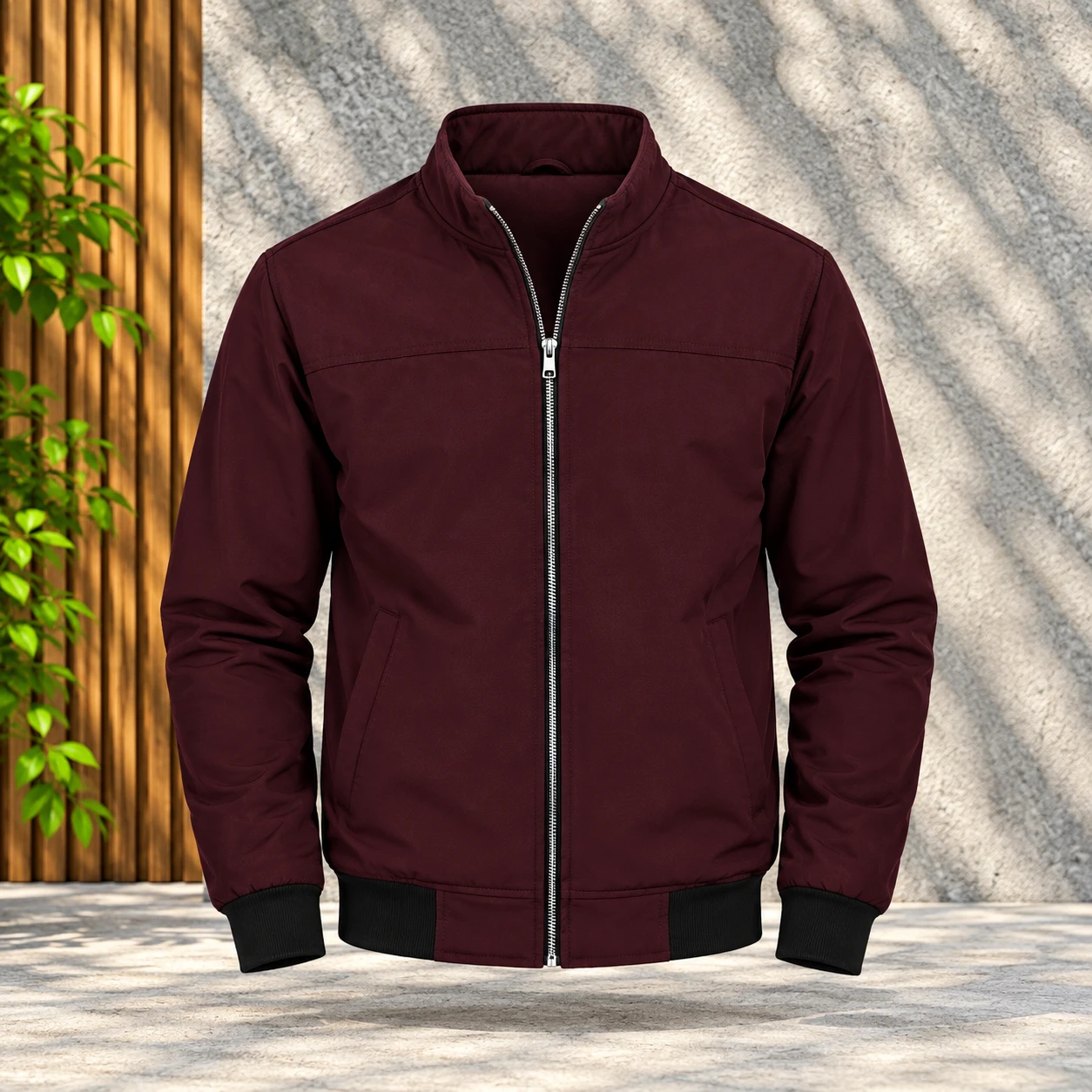 Modern Stand Collar Jacket - Rich Maroon - Bonded Fabric - BH-400